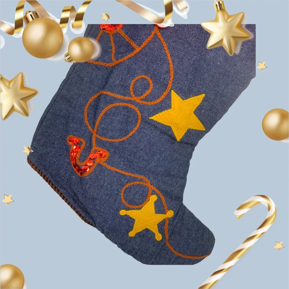 Lot 2 x Stockings Western Cowboy Boot Bandana Cuff Denim Embroidered Christmas
